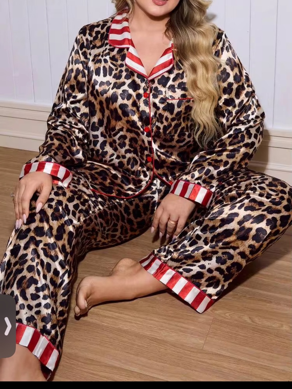 SHEIN Leopard Print Pajama Set with Red & White Striped Trim